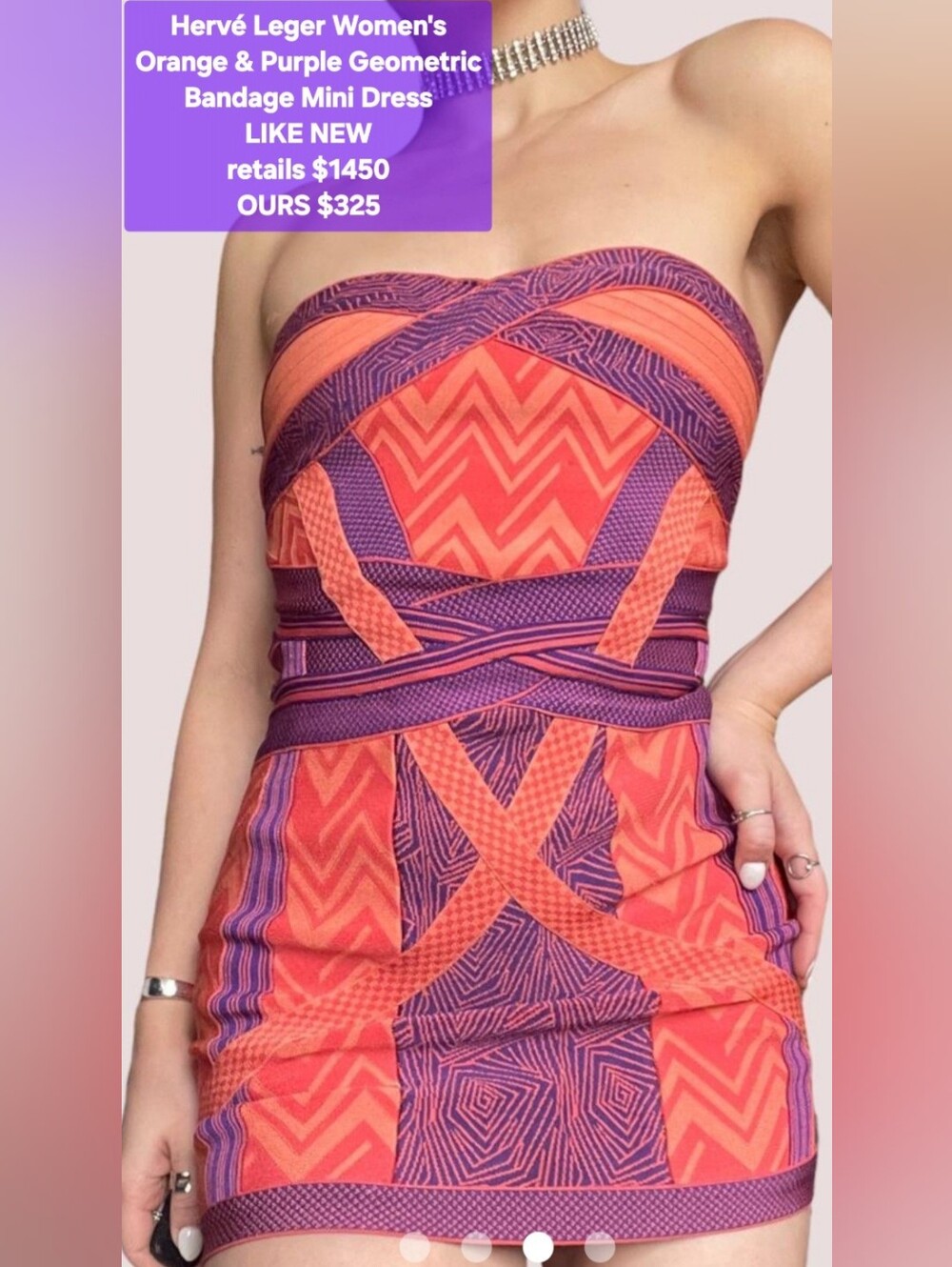 Hervé Leger Size S Orange & Purple Geometric Bandage Mini Dress